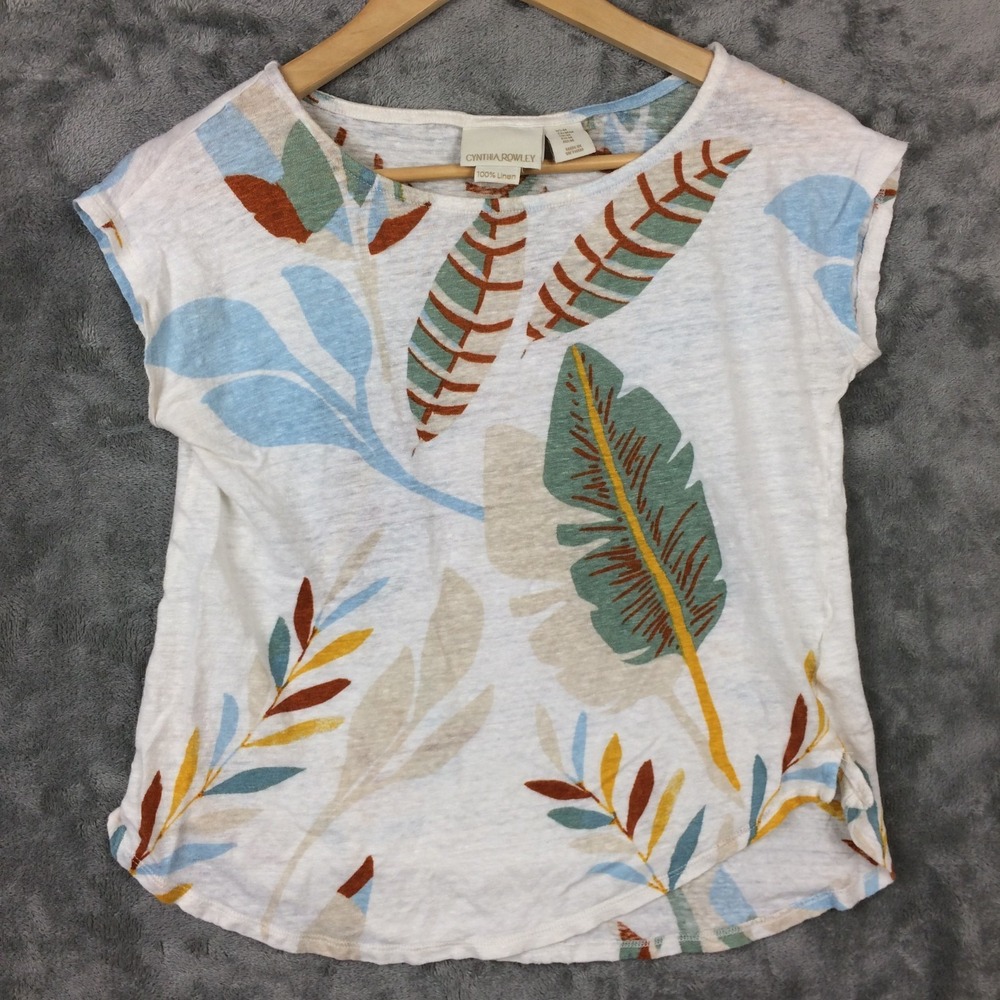 Cynthia Rowley Linen Top Womens Medium Cream Floral Coastal Boho Resort‎ Natural